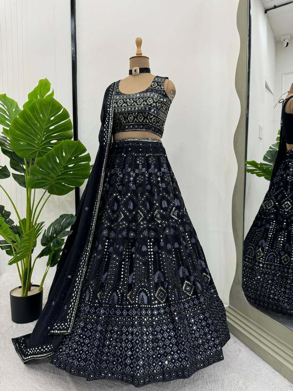 Black Luxe 9mm Sequin Embroidered Faux Georgette Lehenga Choli with Dupatta