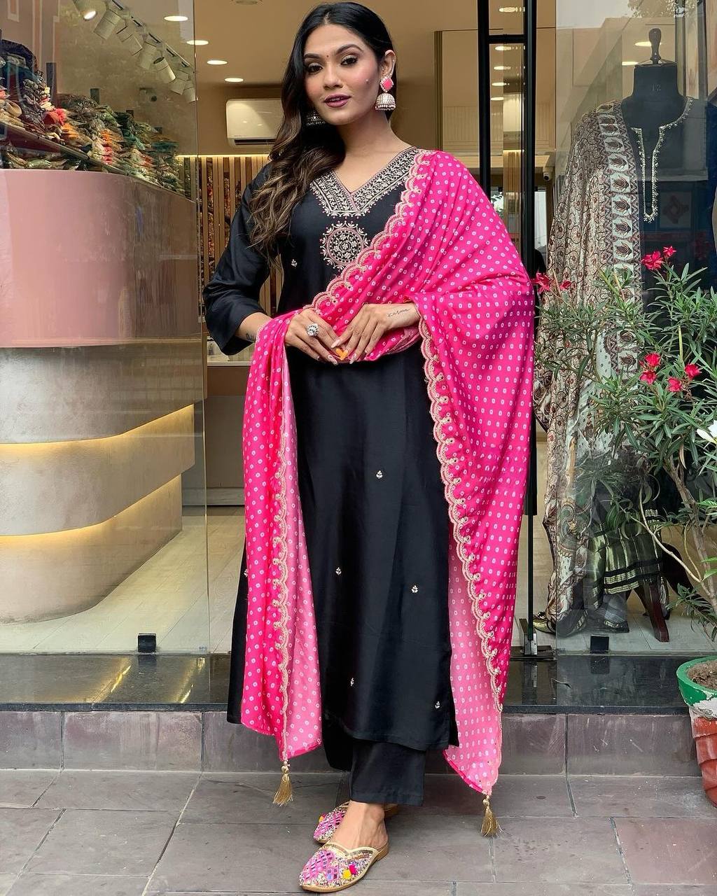 Black Luxe Designer Party Wear Heavy Modal Silk Top, Bottom & Dupatta Set