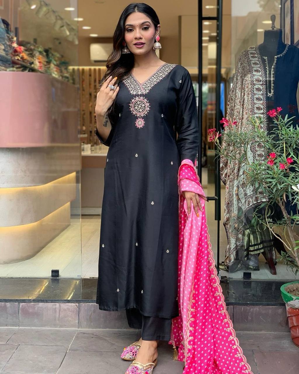 Black Luxe Designer Party Wear Heavy Modal Silk Top, Bottom & Dupatta Set