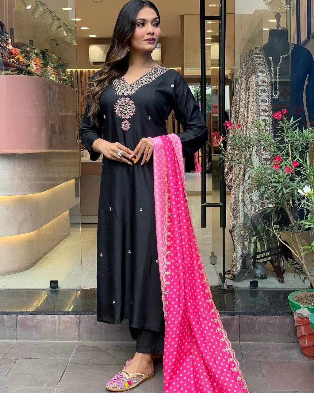 Black Luxe Designer Party Wear Heavy Modal Silk Top, Bottom & Dupatta Set