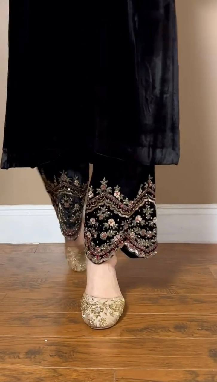 Black Luxurious Viscose Velvet Co-Ord Set with Sequin Threadwork & Side Pockets