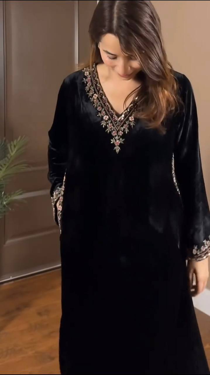 Black Luxurious Viscose Velvet Co-Ord Set with Sequin Threadwork & Side Pockets