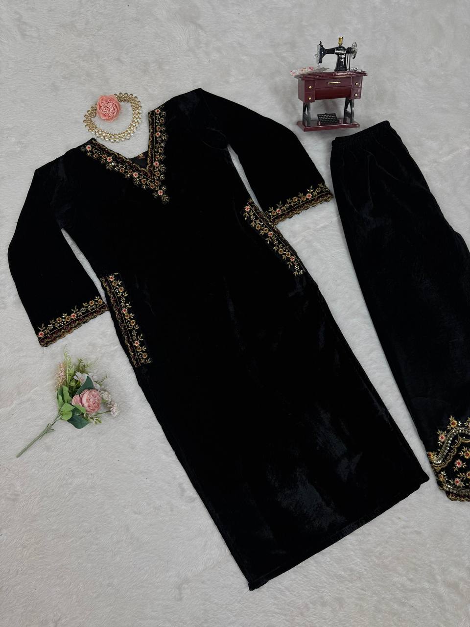 Black Luxurious Viscose Velvet Co-Ord Set with Sequin Threadwork & Side Pockets