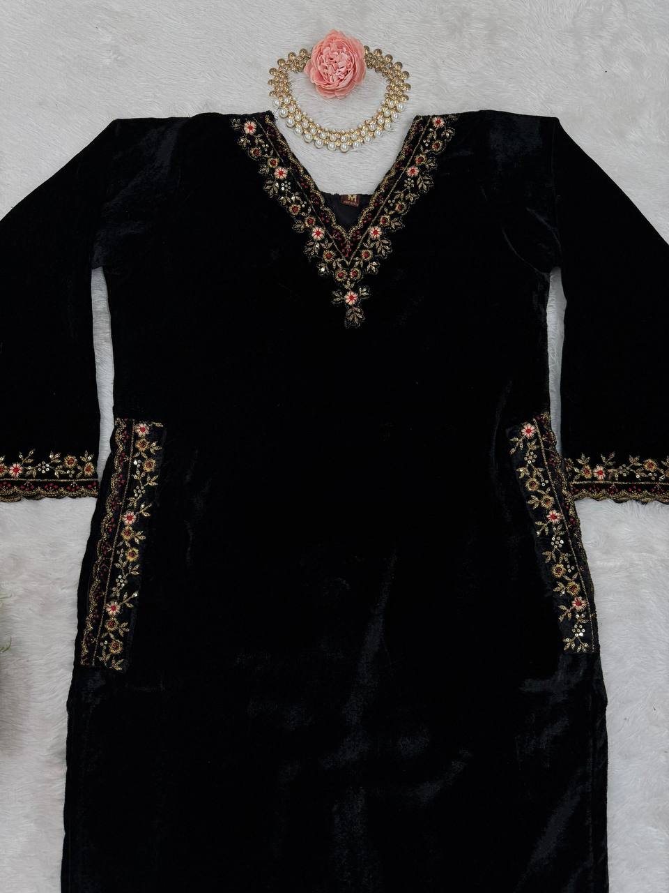Black Luxurious Viscose Velvet Co-Ord Set with Sequin Threadwork & Side Pockets