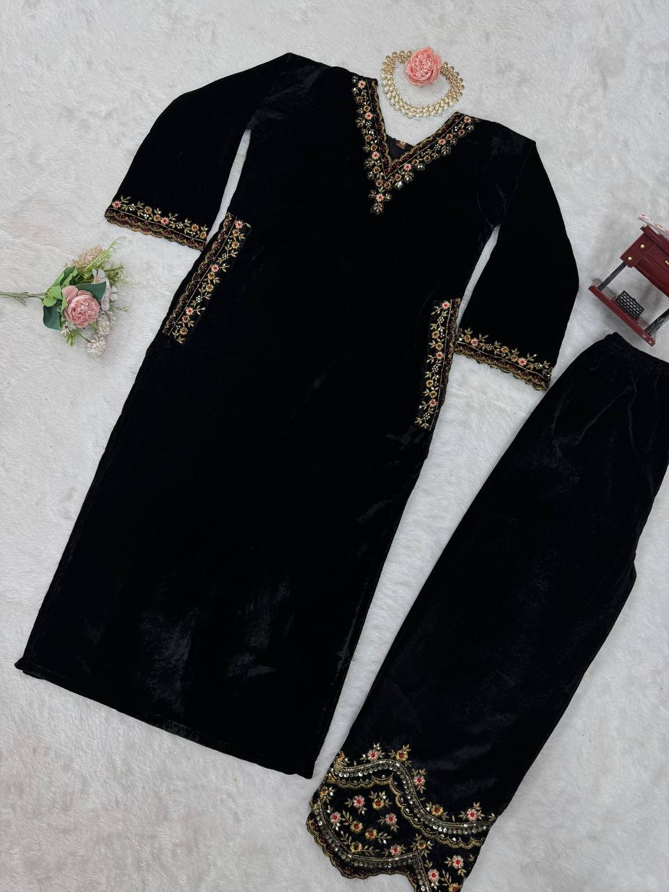 Black Luxurious Viscose Velvet Co-Ord Set with Sequin Threadwork & Side Pockets