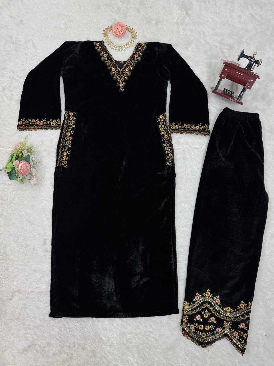 Black Luxurious Viscose Velvet Co-Ord Set with Sequin Threadwork & Side Pockets