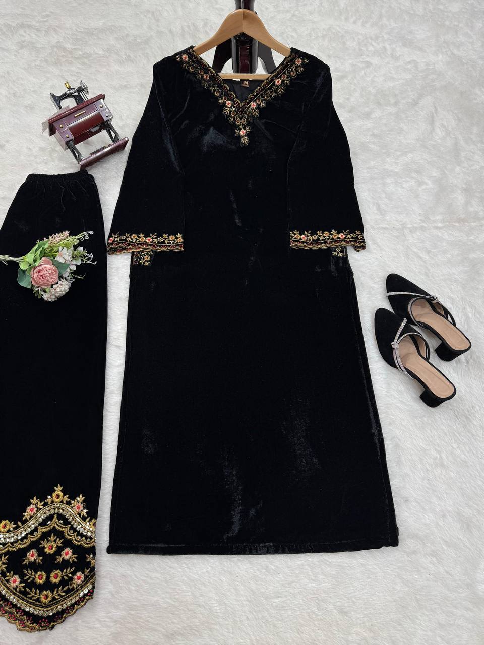 Black Luxurious Viscose Velvet Co-Ord Set with Sequin Threadwork & Side Pockets