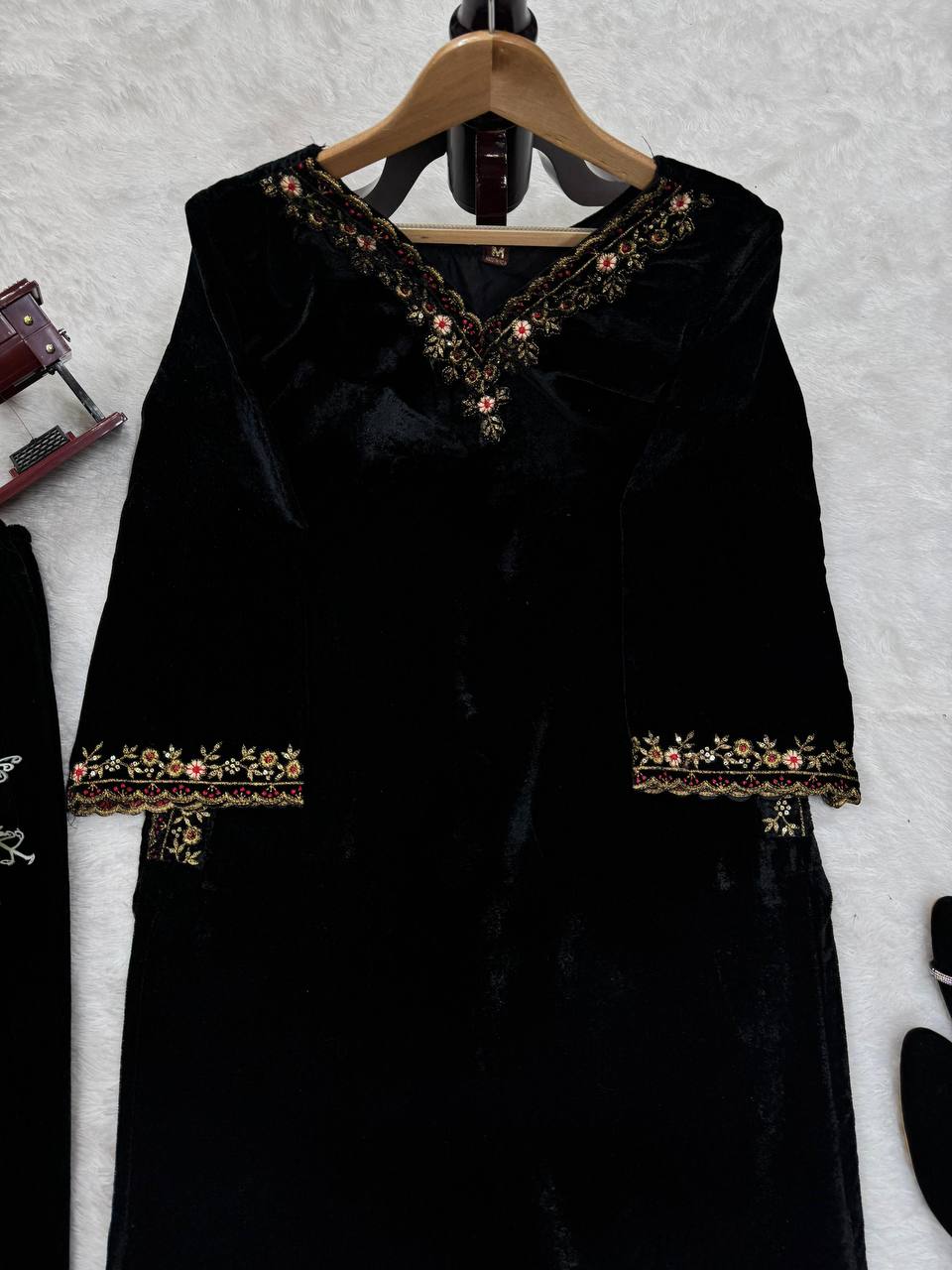 Black Luxurious Viscose Velvet Co-Ord Set with Sequin Threadwork & Side Pockets