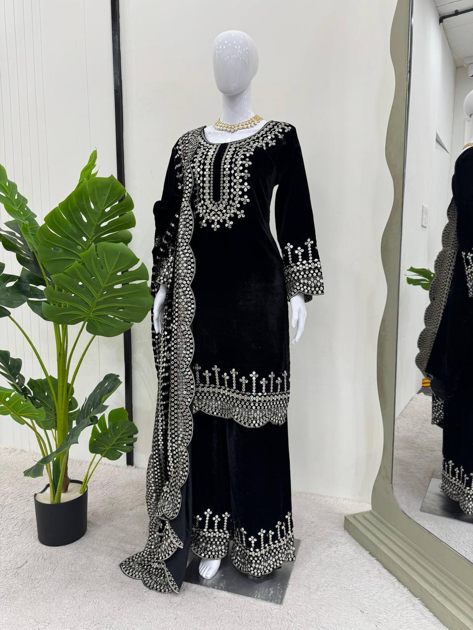 Black Luxurious Viscose Velvet Plazo Set with Embroidered Dupatta