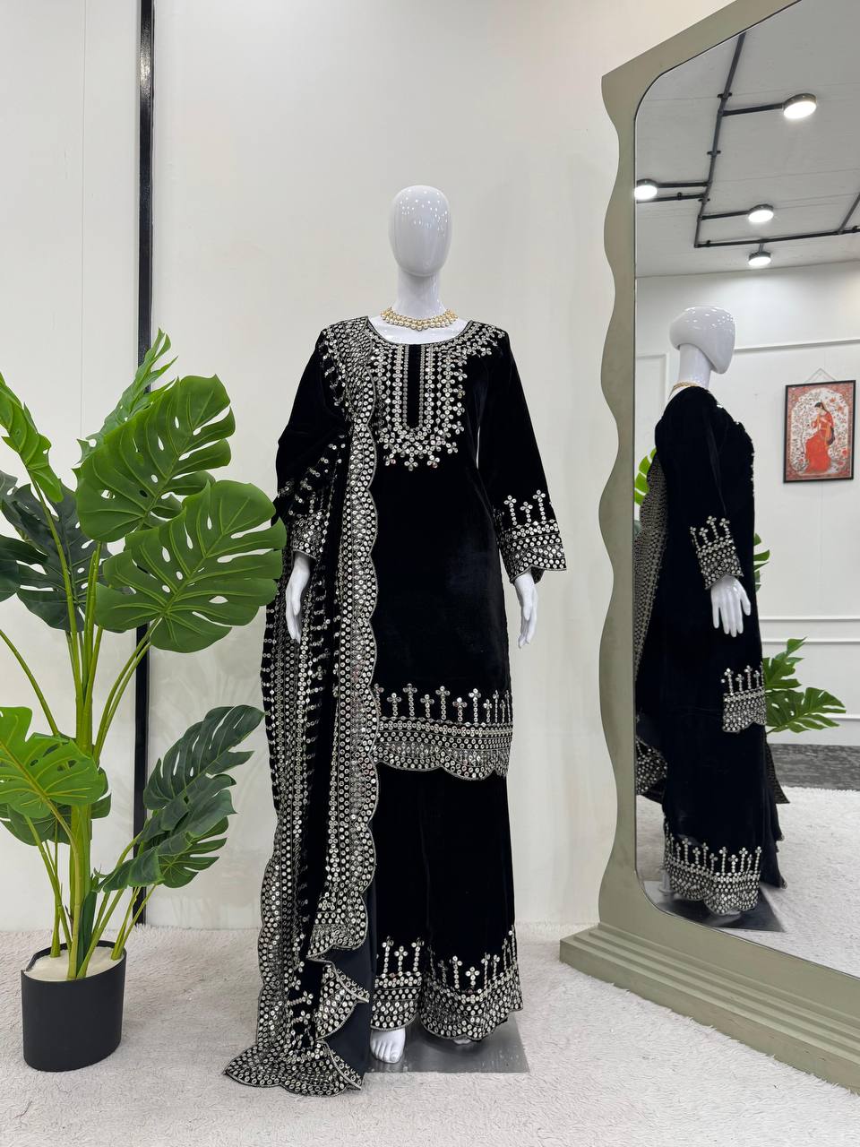 Black Luxurious Viscose Velvet Plazo Set with Embroidered Dupatta