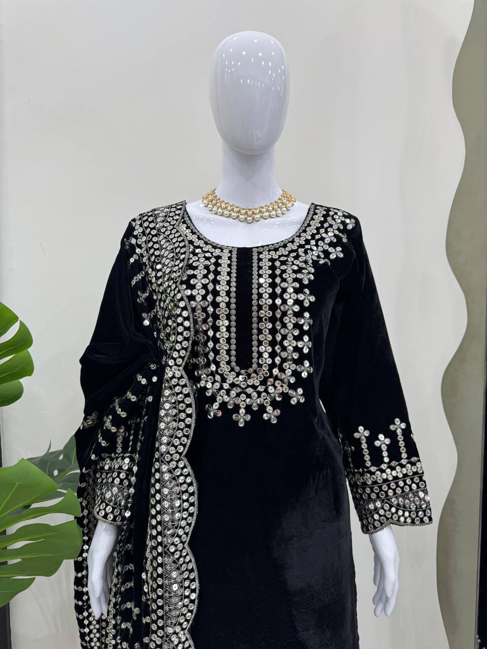 Black Luxurious Viscose Velvet Plazo Set with Embroidered Dupatta