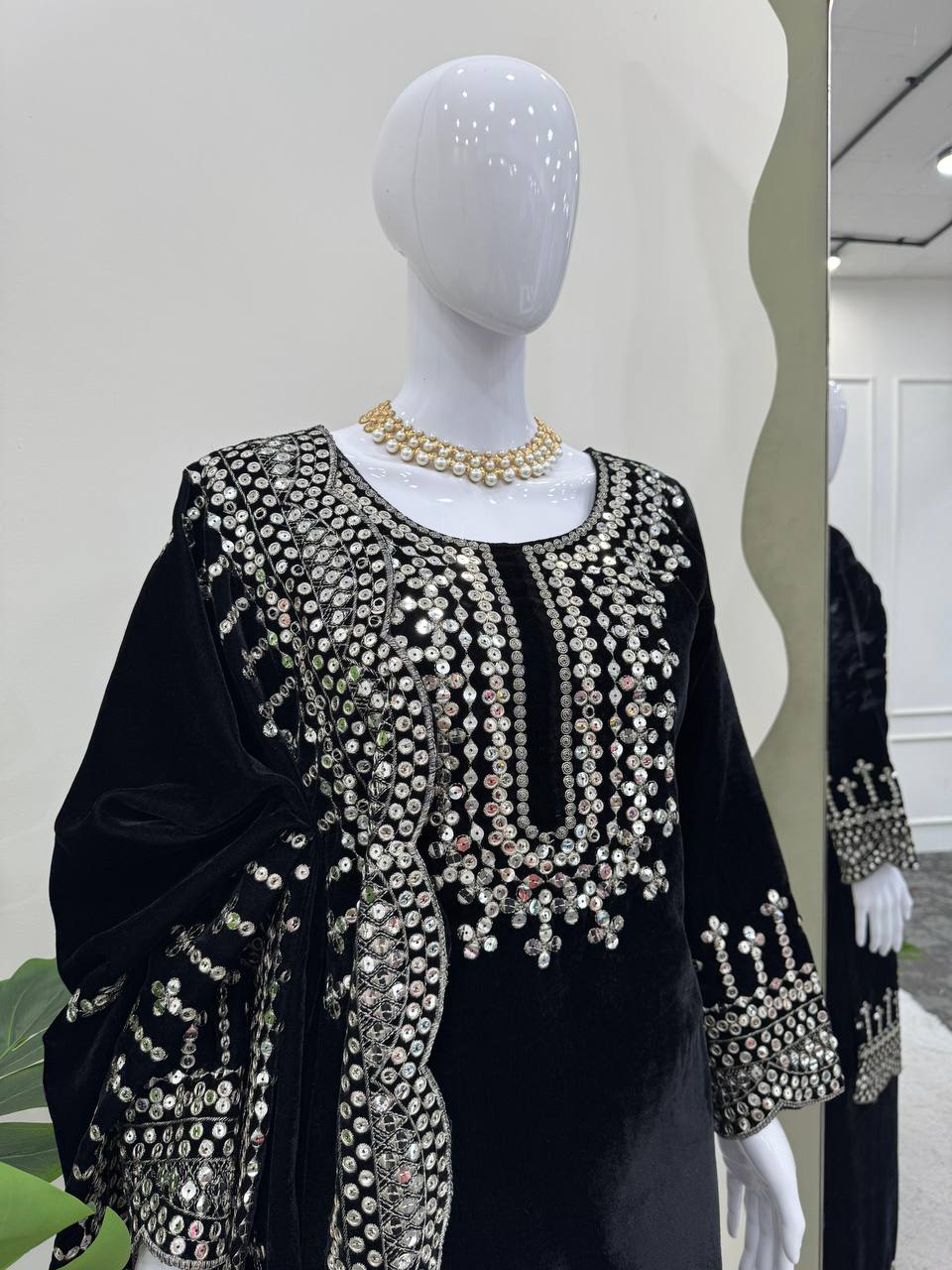 Black Luxurious Viscose Velvet Plazo Set with Embroidered Dupatta