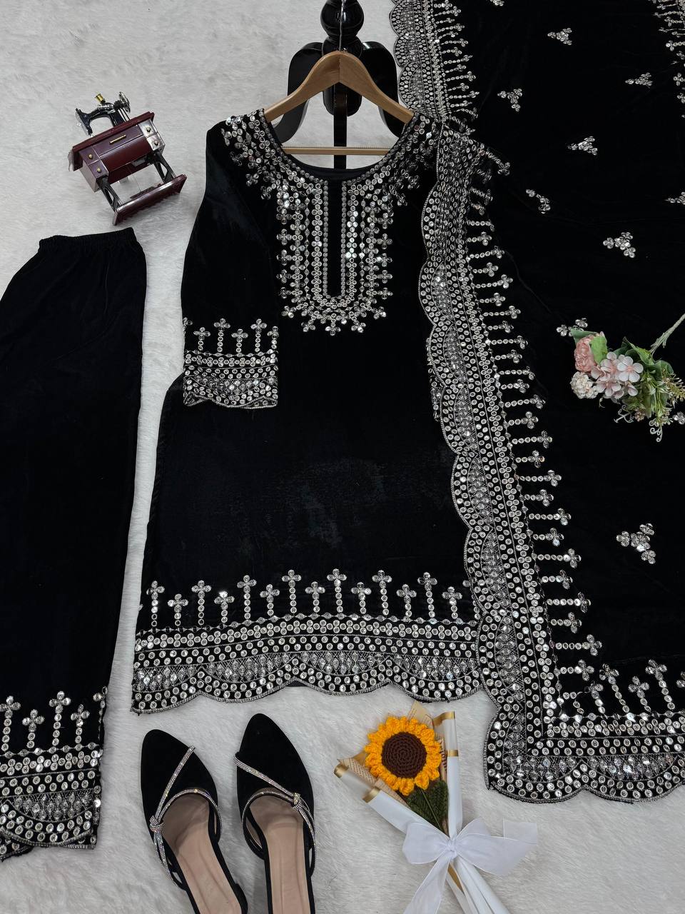 Black Luxurious Viscose Velvet Plazo Set with Embroidered Dupatta