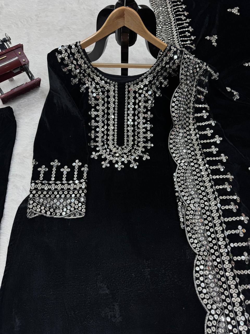 Black Luxurious Viscose Velvet Plazo Set with Embroidered Dupatta