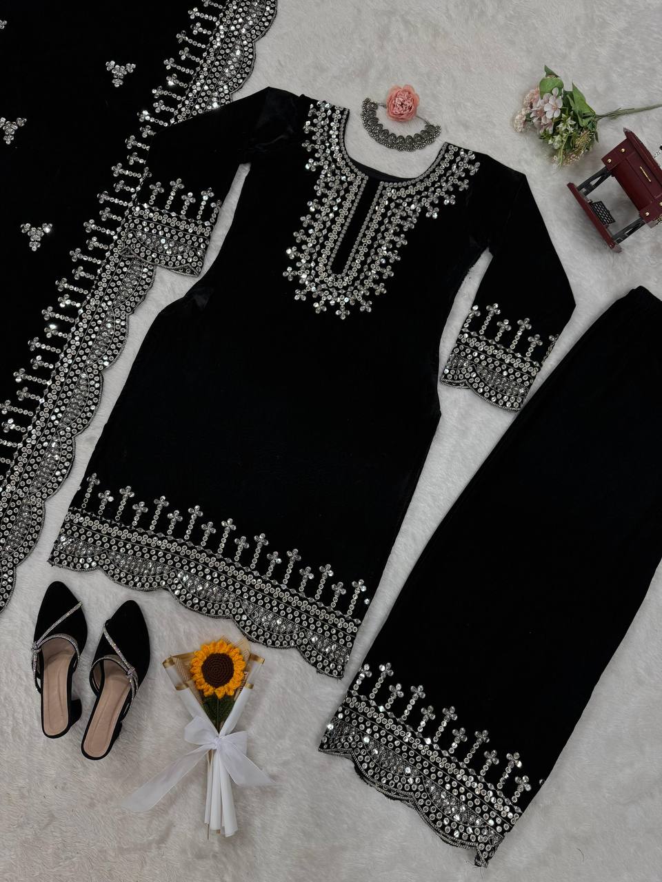 Black Luxurious Viscose Velvet Plazo Set with Embroidered Dupatta