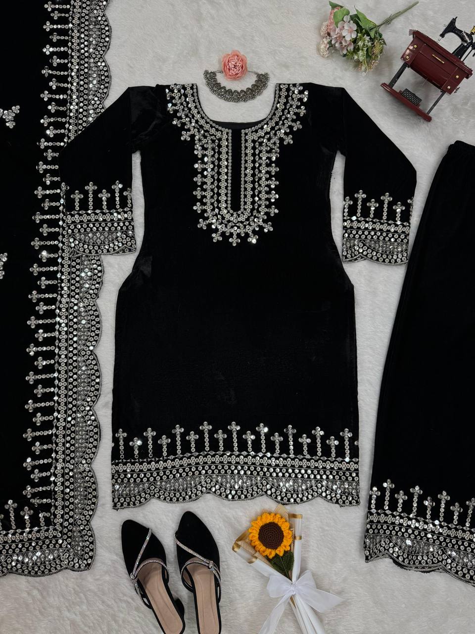 Black Luxurious Viscose Velvet Plazo Set with Embroidered Dupatta