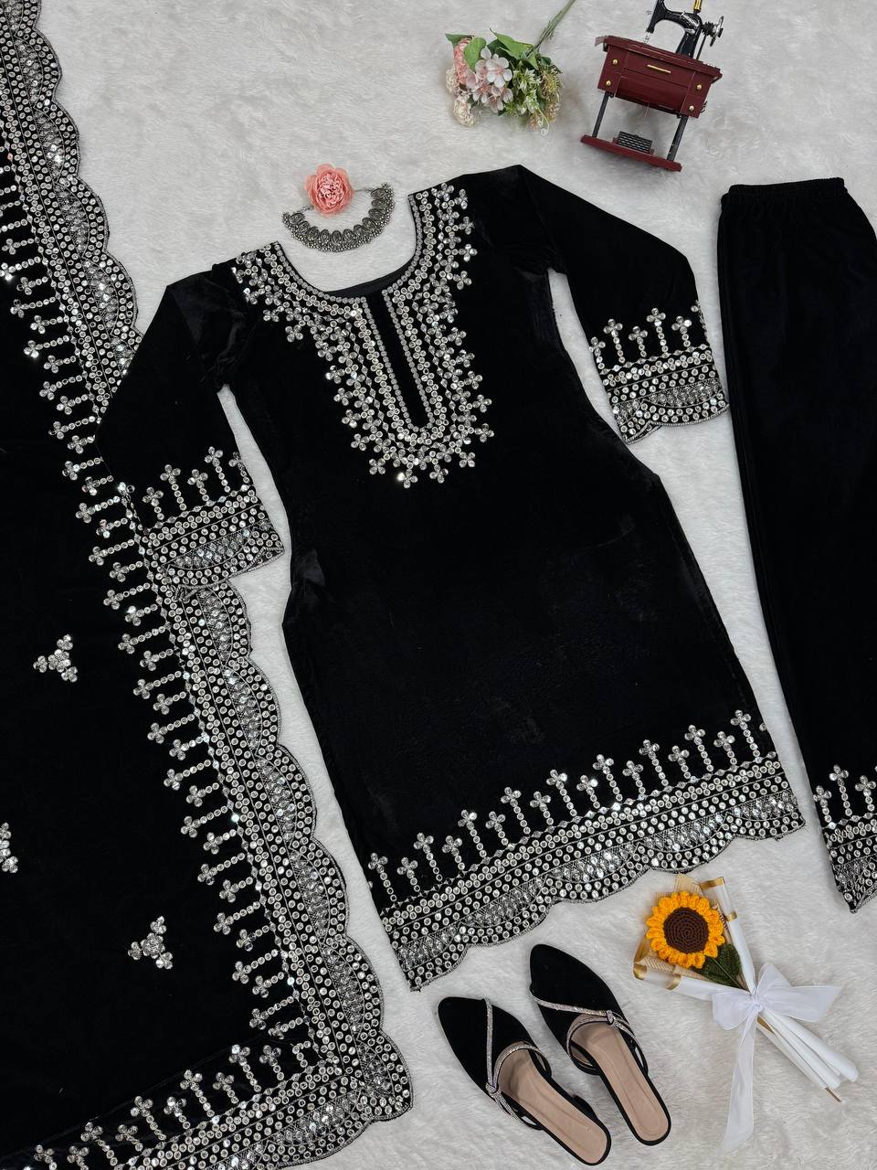 Black Luxurious Viscose Velvet Plazo Set with Embroidered Dupatta