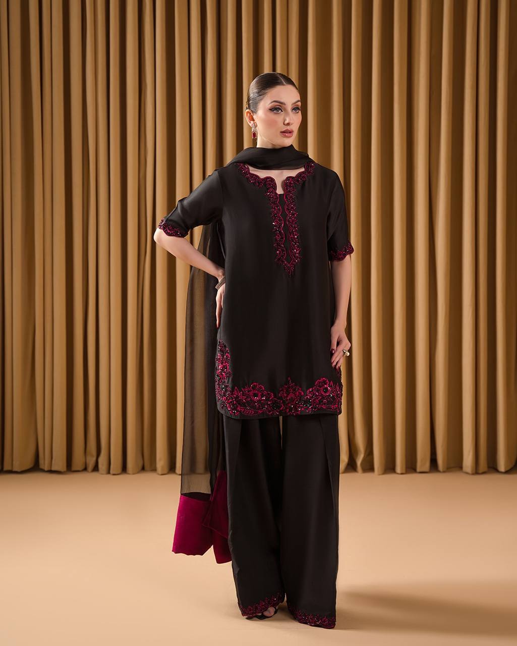 Black Luxury Natural Crepe Embroidered Suit Set with Farshi Plazzo & Organza Dupatta