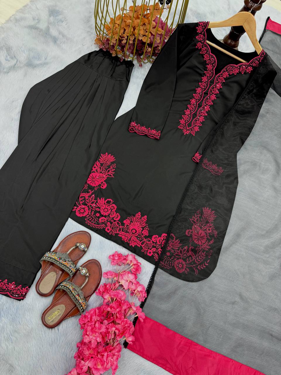 Black Luxury Natural Crepe Embroidered Suit Set with Farshi Plazzo & Organza Dupatta
