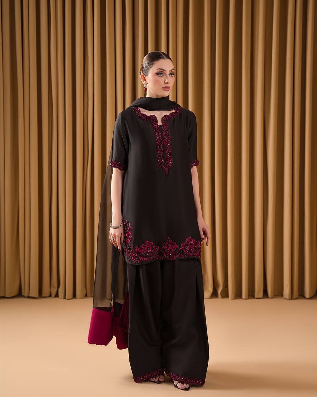 Black Luxury Natural Crepe Embroidered Suit Set with Farshi Plazzo & Organza Dupatta