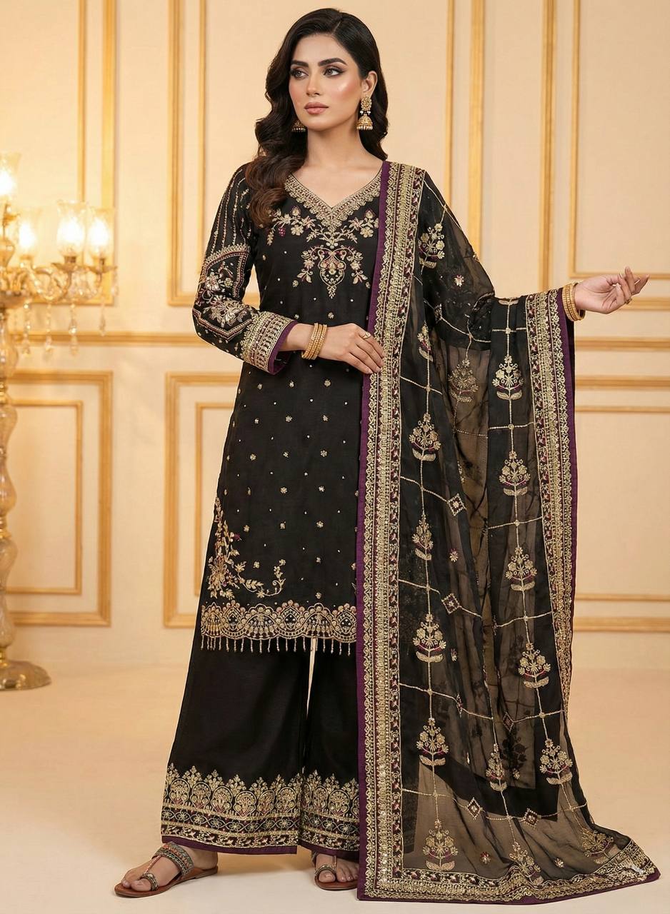 Black Luxury Pure Heavy Embroidered Kurti with Plazzo & Sequins Dupatta – Diamond & Moti Hand Work