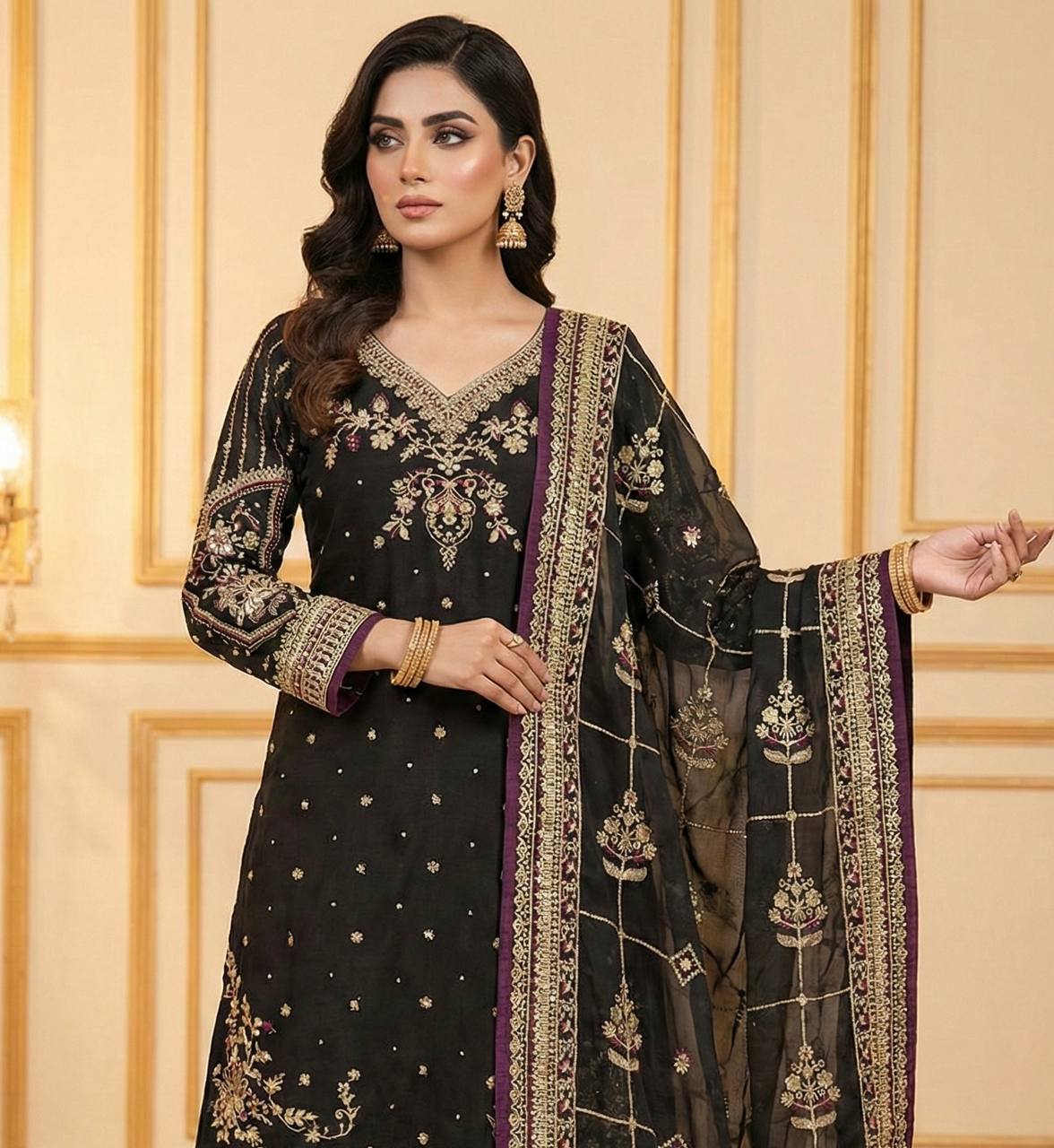 Black Luxury Pure Heavy Embroidered Kurti with Plazzo & Sequins Dupatta – Diamond & Moti Hand Work