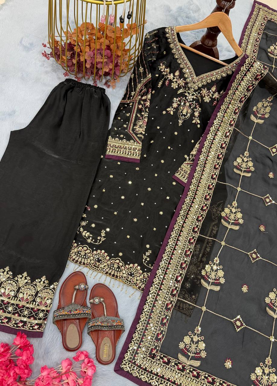 Black Luxury Pure Heavy Embroidered Kurti with Plazzo & Sequins Dupatta – Diamond & Moti Hand Work