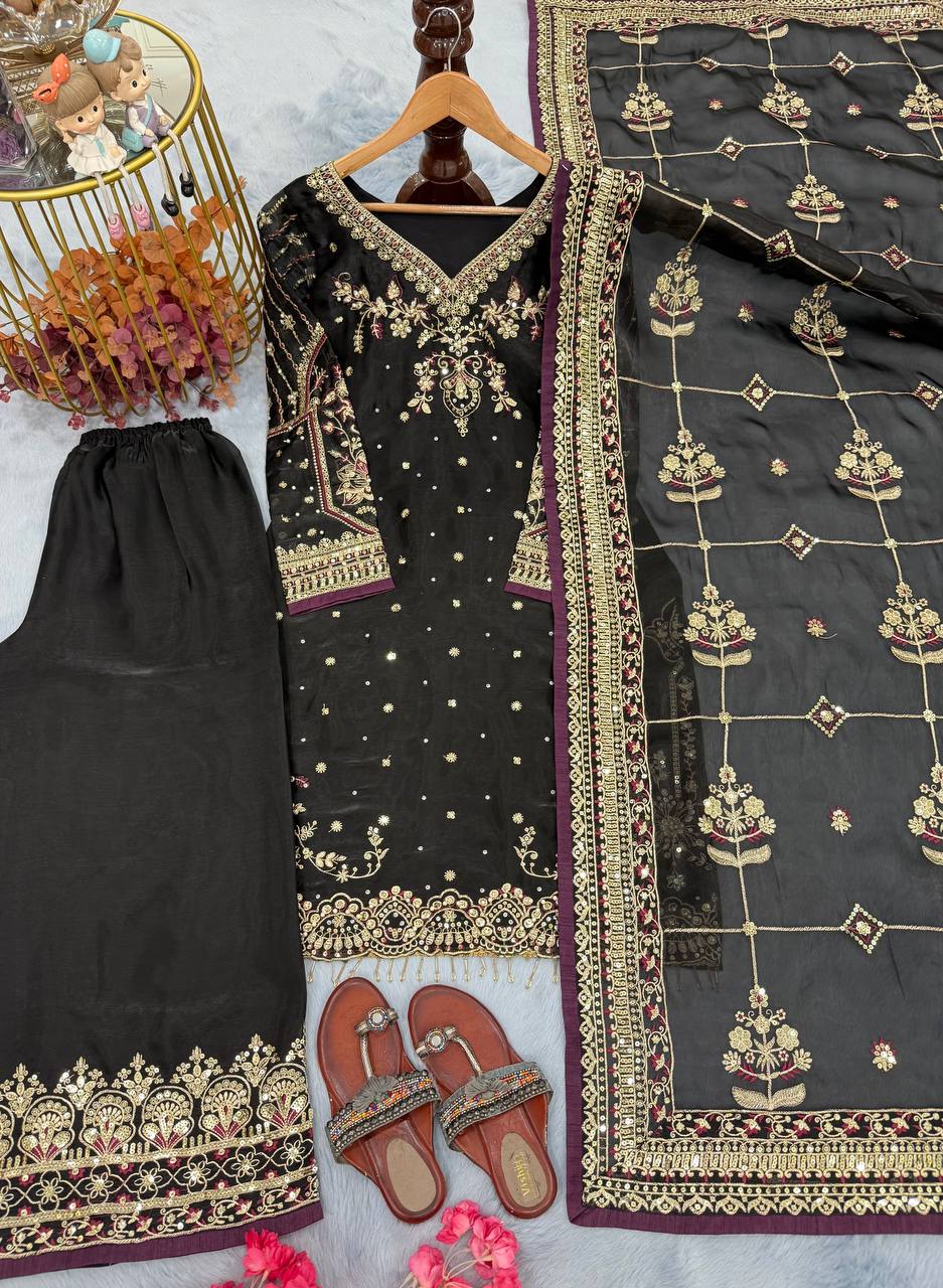 Black Luxury Pure Heavy Embroidered Kurti with Plazzo & Sequins Dupatta – Diamond & Moti Hand Work