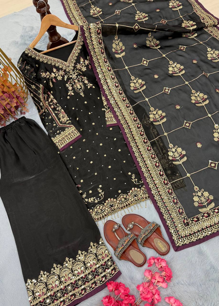 Black Luxury Pure Heavy Embroidered Kurti with Plazzo & Sequins Dupatta – Diamond & Moti Hand Work