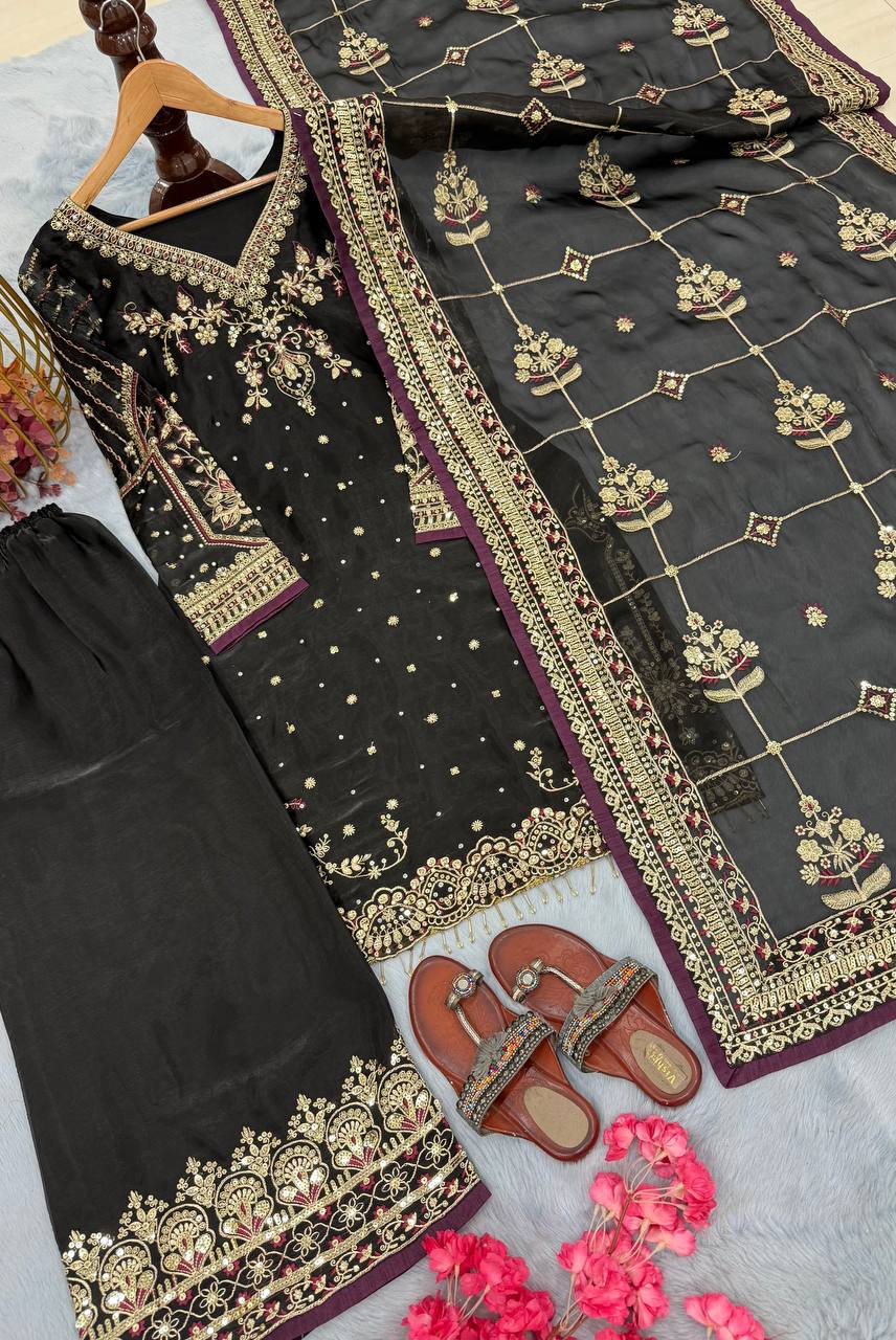 Black Luxury Pure Heavy Embroidered Kurti with Plazzo & Sequins Dupatta – Diamond & Moti Hand Work