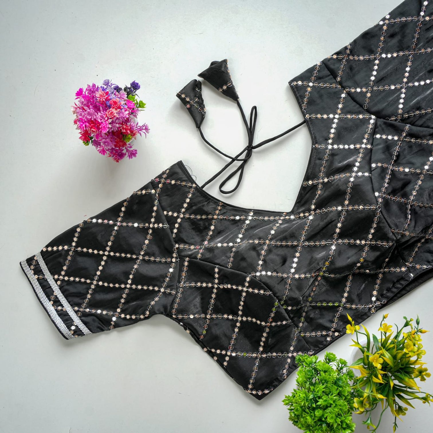 Black Metalic Blouse with Exquisite Sequence Embroidery