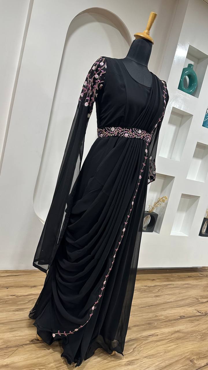 Black Midnight Georgette Gown with Sequins & Dori Work