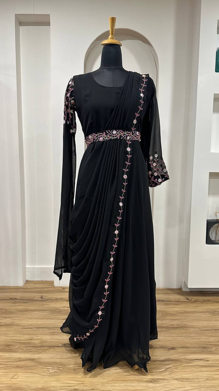 Black Midnight Georgette Gown with Sequins & Dori Work