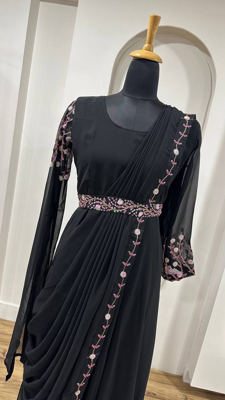 Black Midnight Georgette Gown with Sequins & Dori Work