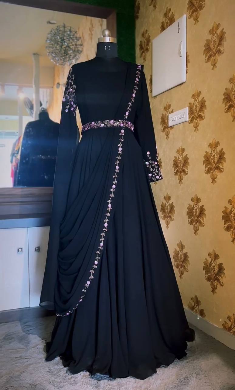 Black Midnight Georgette Gown with Sequins & Dori Work
