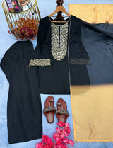 Black Natural Satin Embroidered Palazzo Set with Printed Organza Dupatta