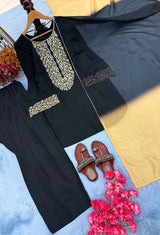 Black Natural Satin Embroidered Palazzo Set with Printed Organza Dupatta