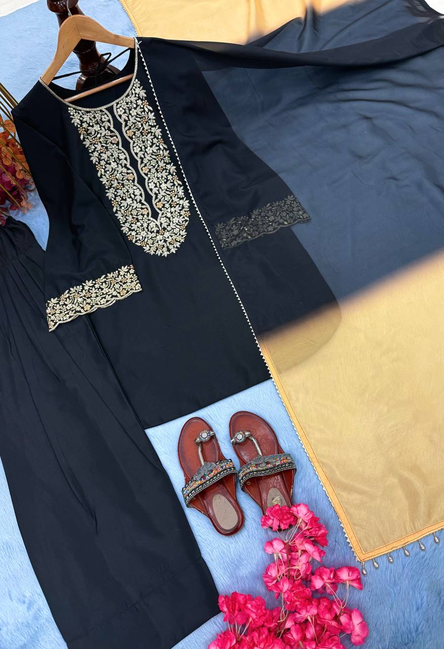 Black Natural Satin Embroidered Palazzo Set with Printed Organza Dupatta