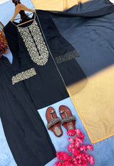 Black Natural Satin Embroidered Palazzo Set with Printed Organza Dupatta