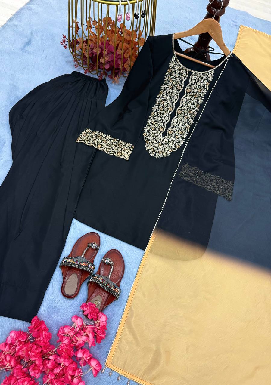 Black Natural Satin Embroidered Palazzo Set with Printed Organza Dupatta
