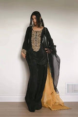 Black Natural Satin Embroidered Palazzo Set with Printed Organza Dupatta