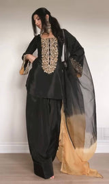 Black Natural Satin Embroidered Palazzo Set with Printed Organza Dupatta
