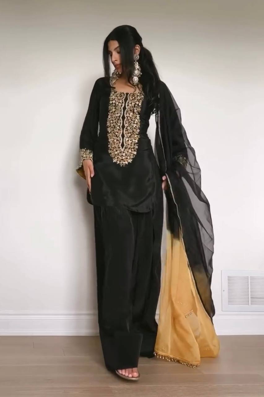 Black Natural Satin Embroidered Palazzo Set with Printed Organza Dupatta