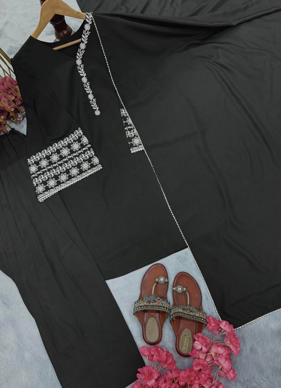 Black Natural Satin Embroidered Suit Set with Farshi Plazzo & Lace Border Dupatta