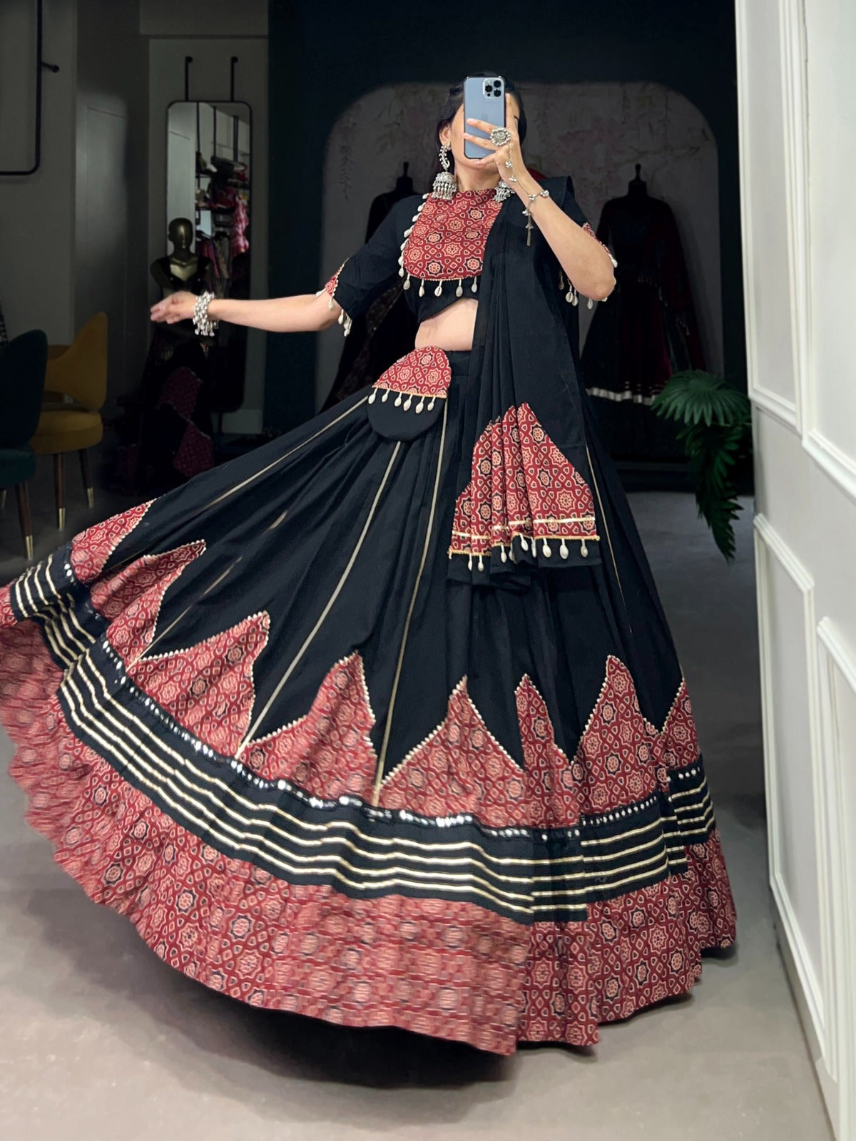 Black Navratri Lehenga Choli with Printed and Gota Patti Embellishments