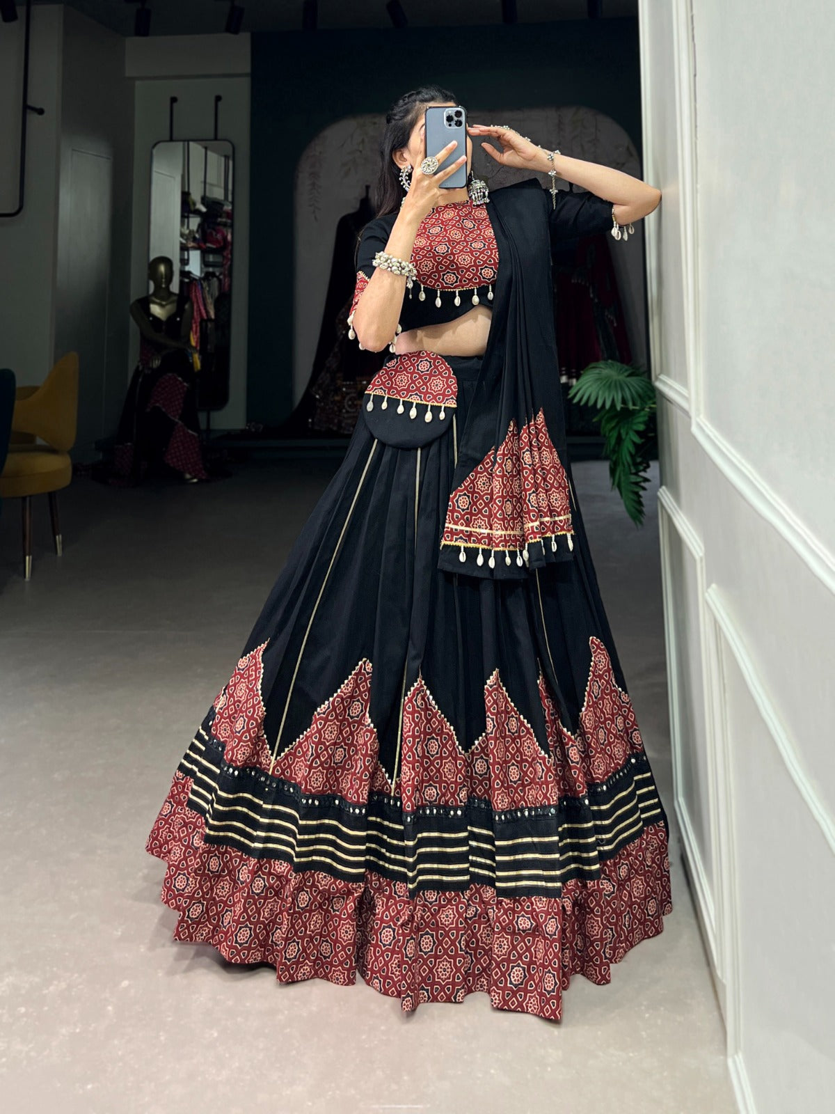 Black Navratri Lehenga Choli with Printed and Gota Patti Embellishments