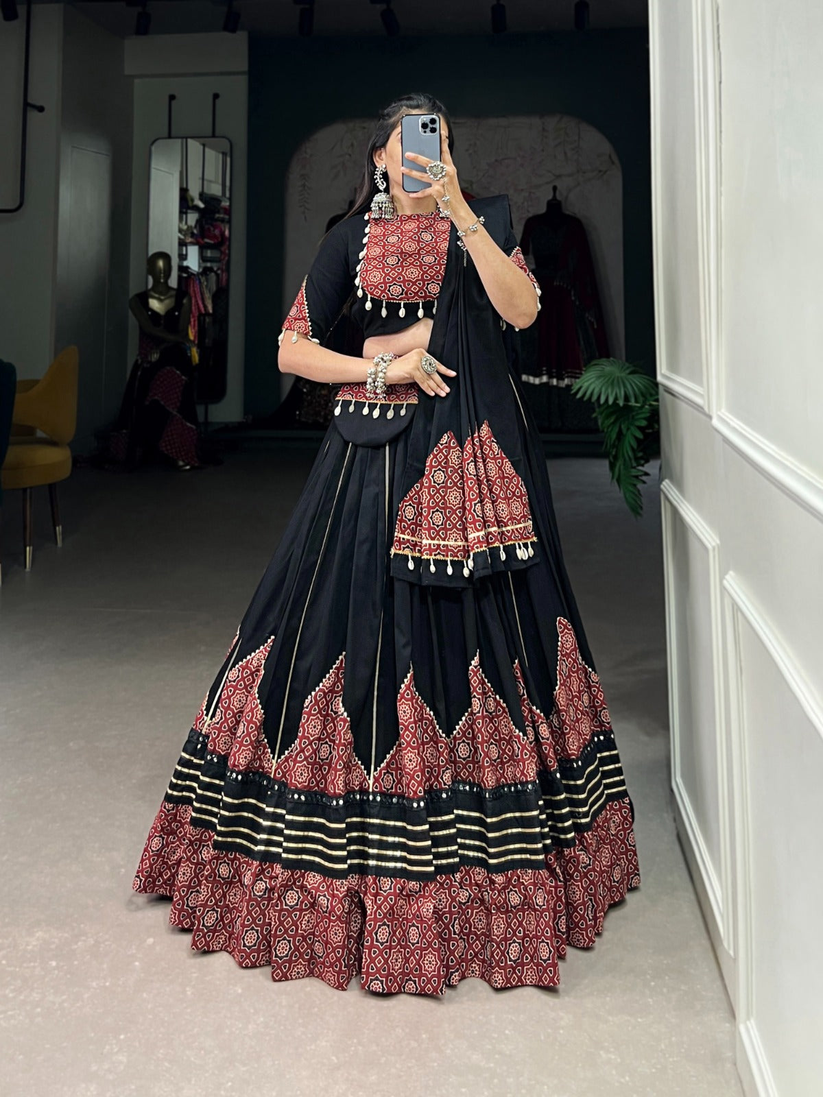 Black Navratri Lehenga Choli with Printed and Gota Patti Embellishments