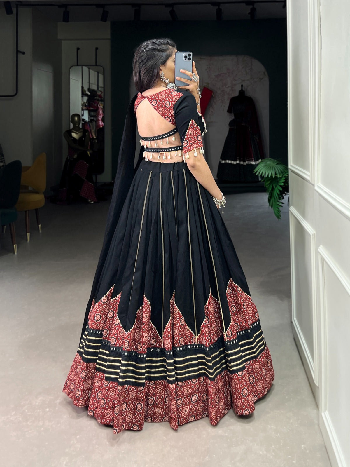 Black Navratri Lehenga Choli with Printed and Gota Patti Embellishments