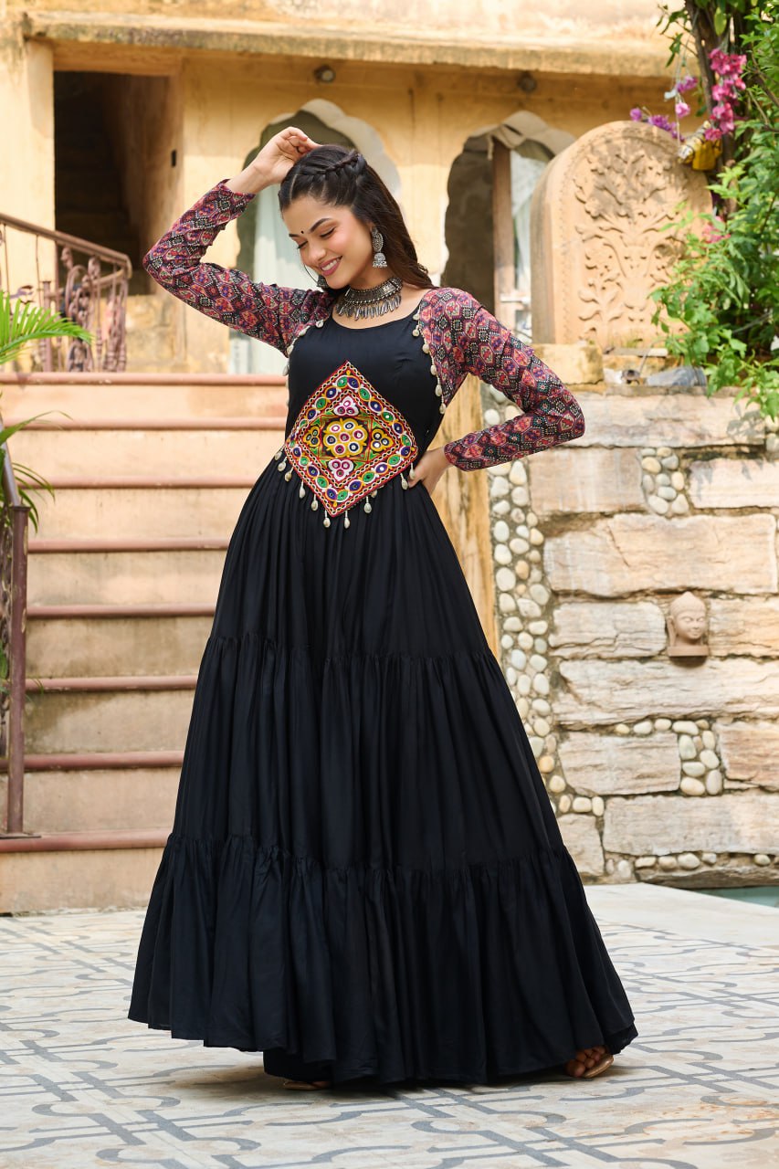 Black Navratri Special Gown with Kutchi Gamthi Embroidery – 3 Layer Frill & 12 Meter Flair