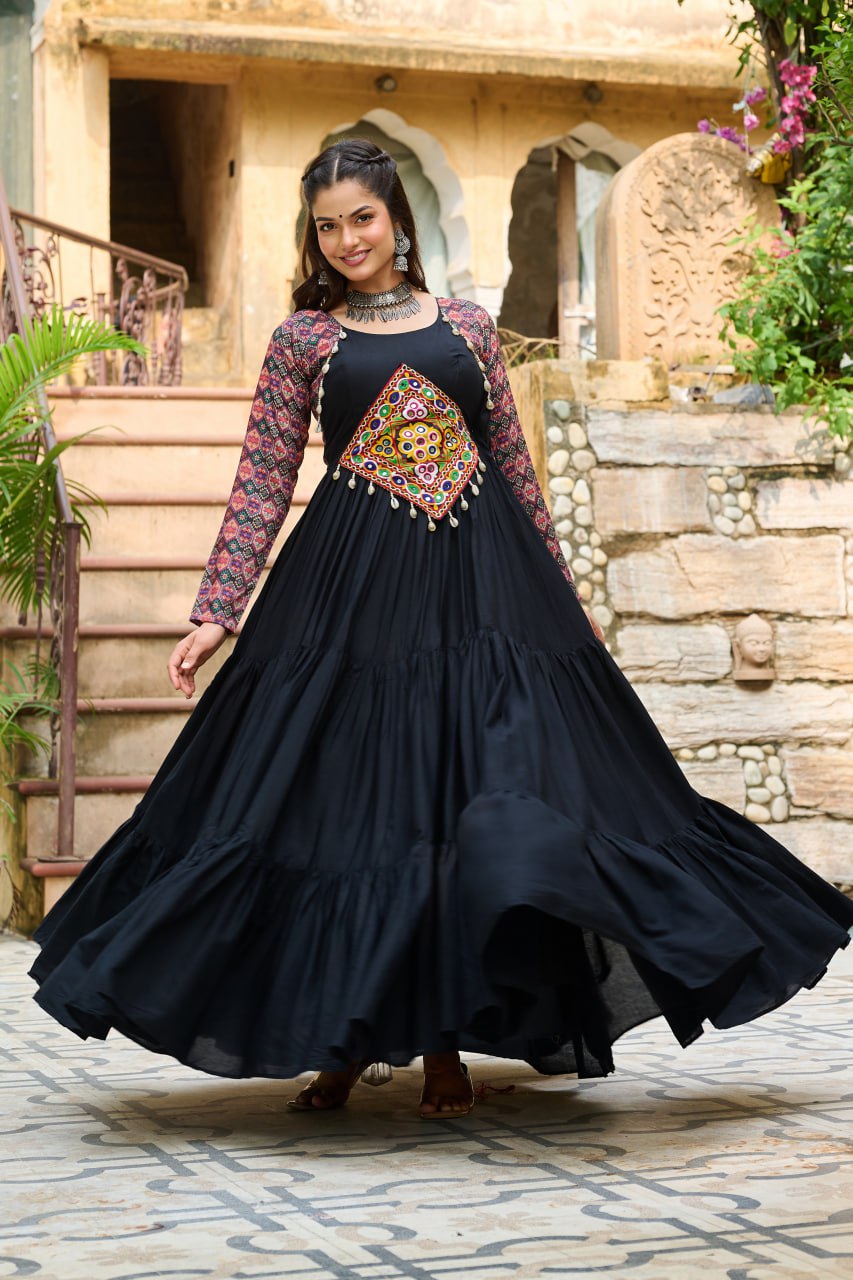 Black Navratri Special Gown with Kutchi Gamthi Embroidery – 3 Layer Frill & 12 Meter Flair